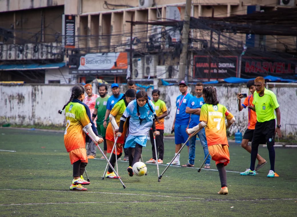 Female players at a women’s amputee football training camp in Bangladesh. 