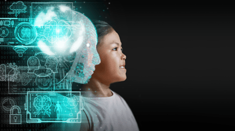 A child standing to AI robot