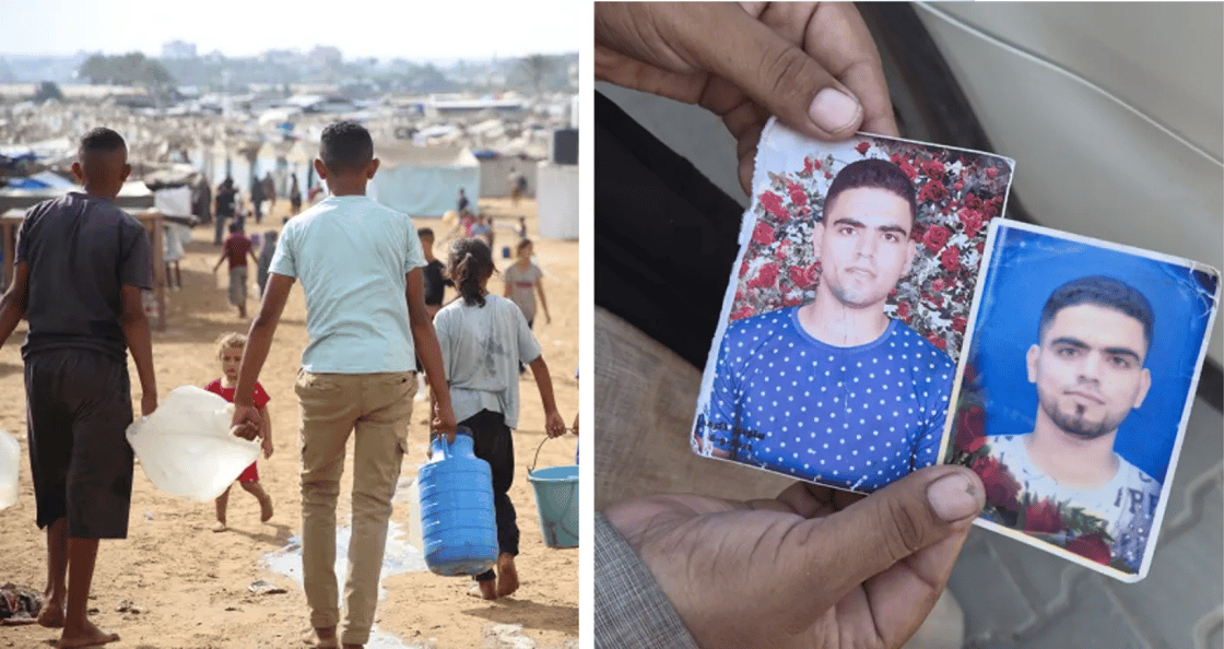 A two-panel collage. On the left, two young boys in a dusty Gaza displacement camp carrying heavy water containers toward a cluster of tents. On the right, a close-up of hands holding two physical, worn photographs of a young man, Mohammed Al Najjar, who has been missing since December 2023.
