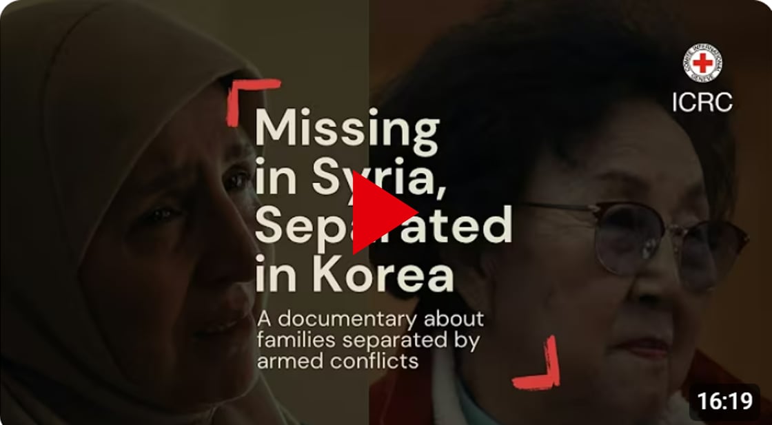 Documentary thumbnail titled "Missing in Syria, Separated in Korea," featuring portraits of two women from different generations and conflicts, with a red play icon in the center and the ICRC logo.