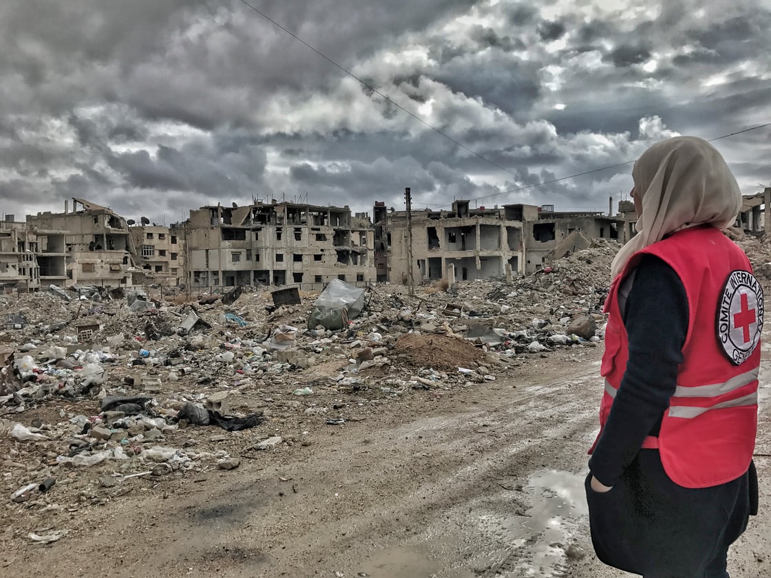 Rural Damascus, Mouadamieh. Conflict in Mouadamieh left vast destruction in its wake. Thousands were forced to flee and today the streets bear a physical reminder of the toll taken by urban conflict.